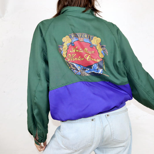 Vintage 80s 90s PIASPORTS reversible jacket lightly lined green blue print back M