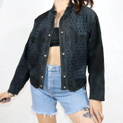 Vintage 80s 90s SAMA leather jacket suede hole pattern tailored bomber cut M