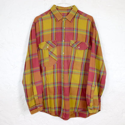Vintage 80s 90s ROTEX flannel shirt long sleeve yellow pink blue L