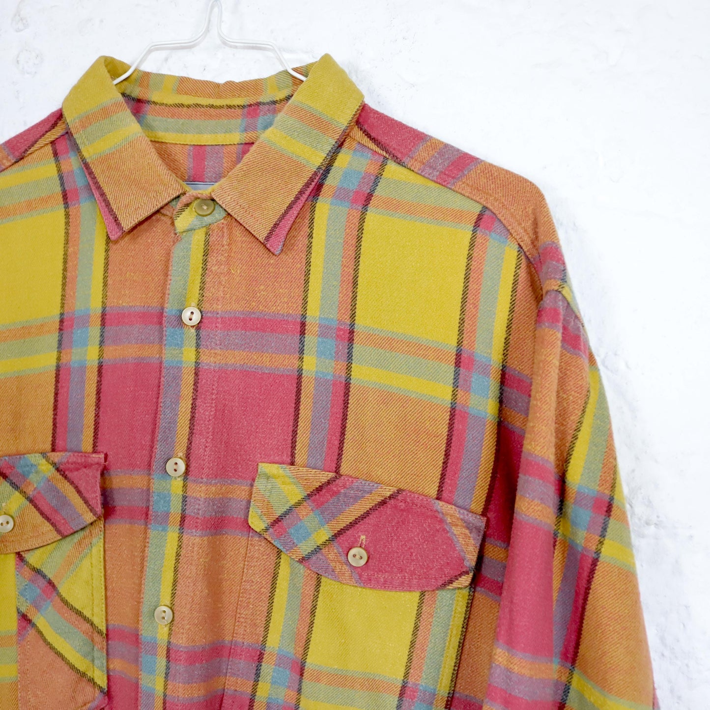 Vintage 80s 90s ROTEX flannel shirt long sleeve yellow pink blue L