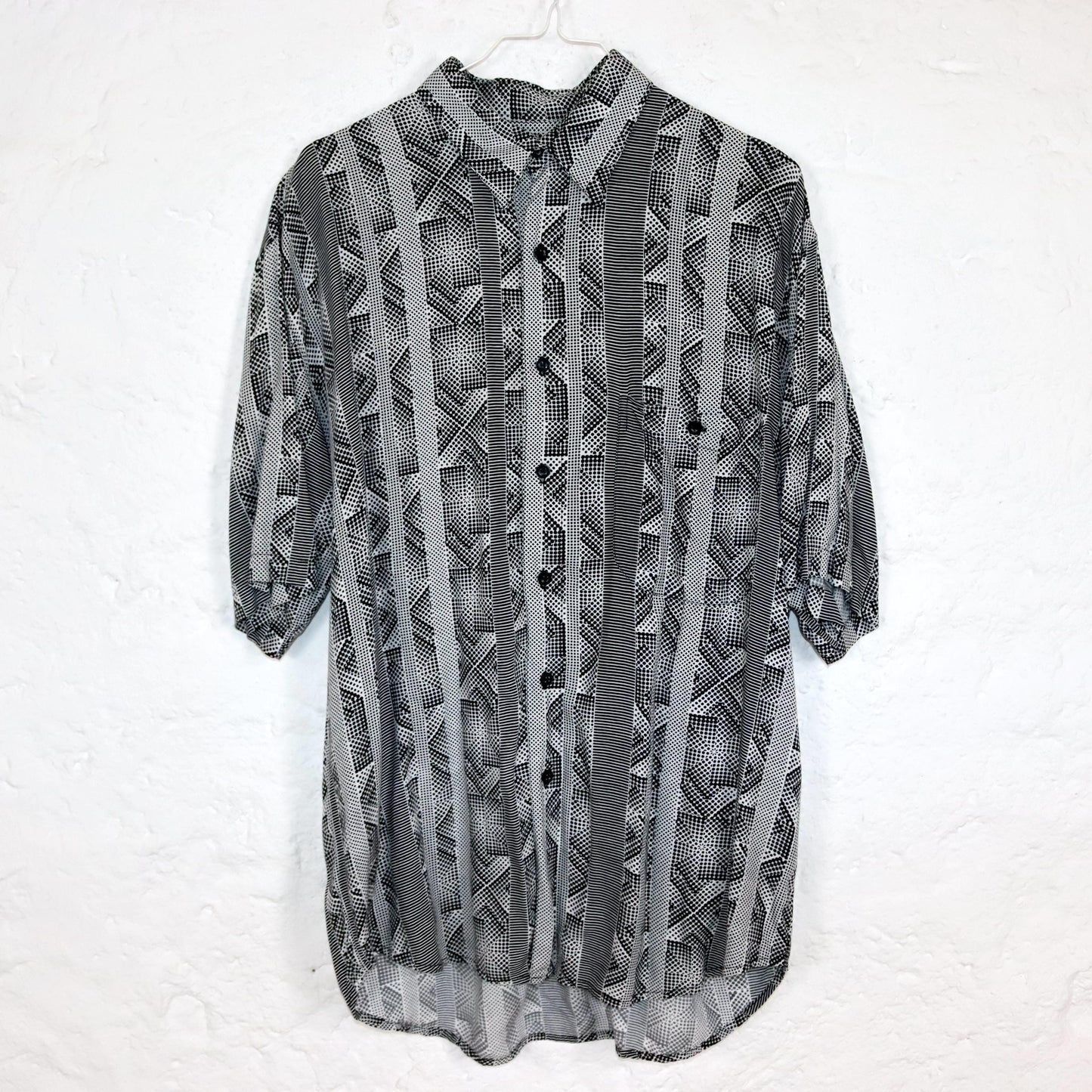 Vintage 80s 90s WOODPECKER shirt short sleeve crazy pattern black white viscose 39/40 S