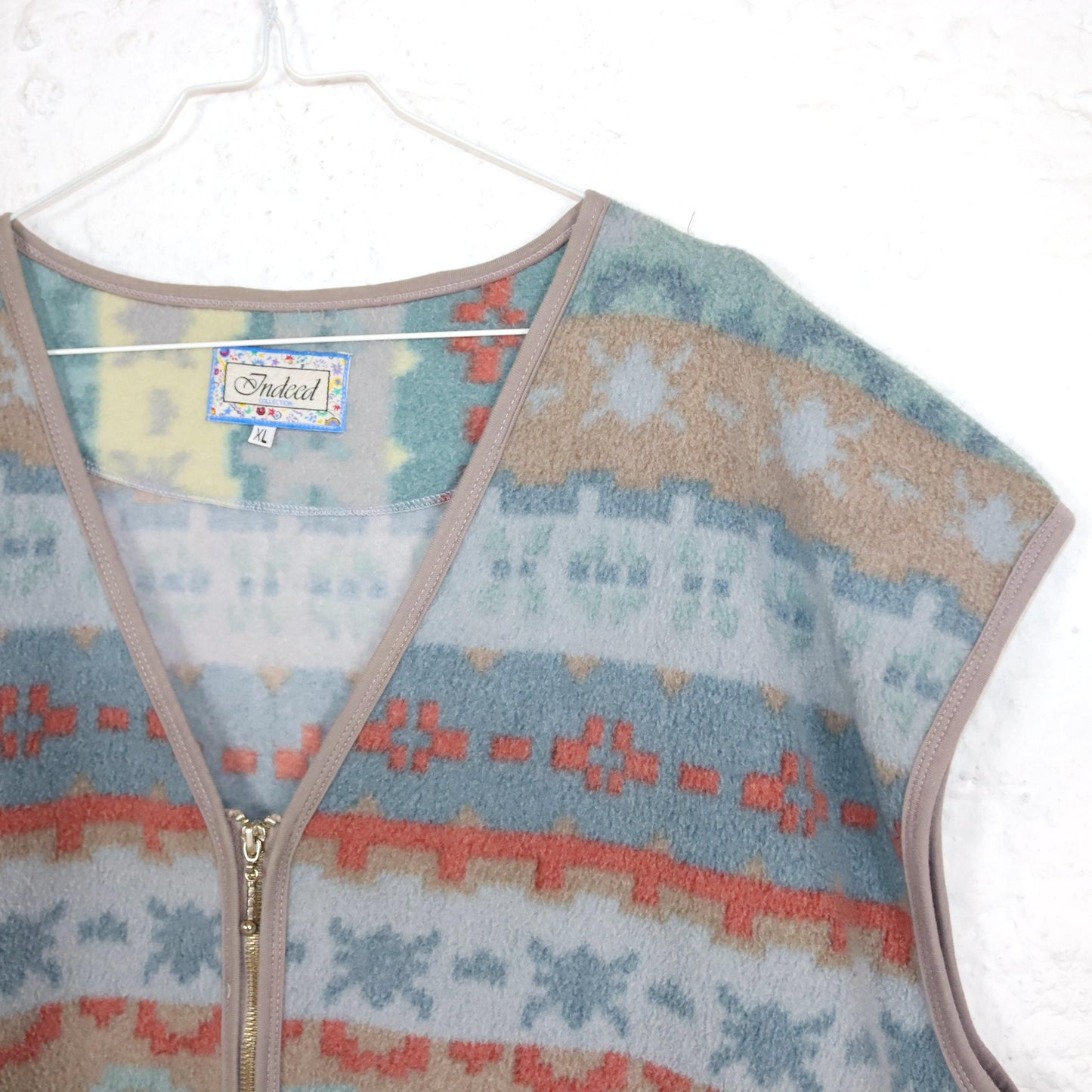 Vintage 80s 90s INDEED fleece vest zipper pastel crazy pattern XL