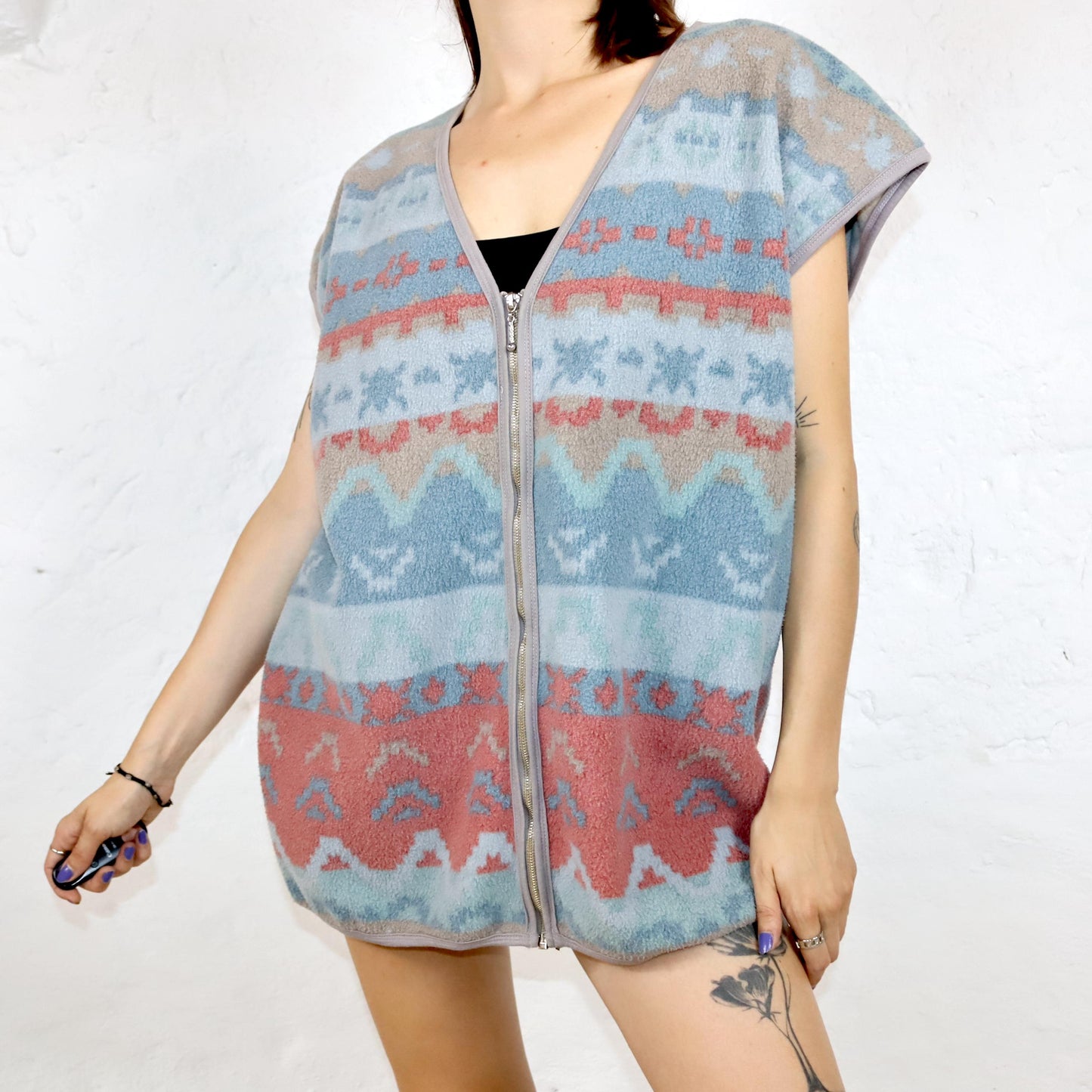 Vintage 80s 90s INDEED fleece vest zipper pastel crazy pattern XL