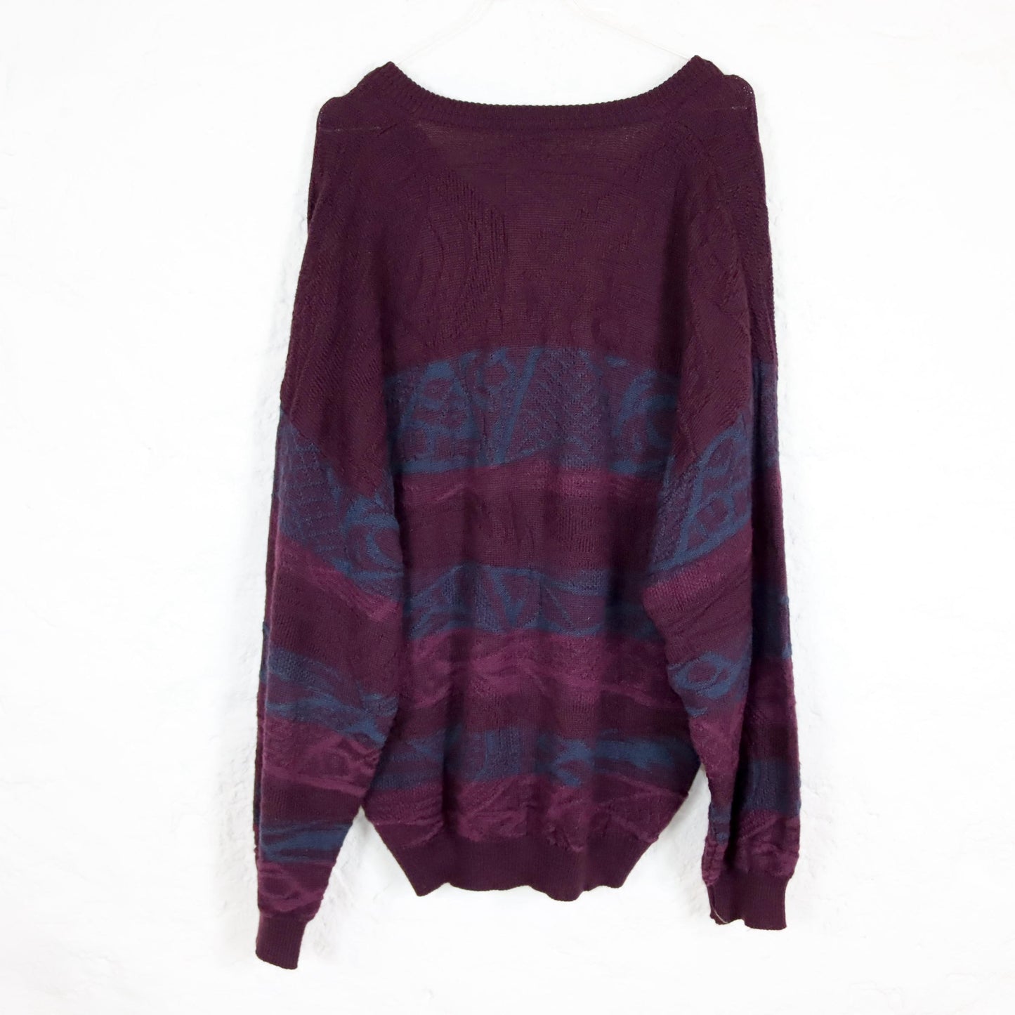 Vintage 80er 90er GIRAMONDO Strickpullover Wollpullover V-Ausschnitt lila gemustert Wolle 54 XL