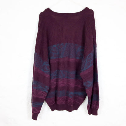 Vintage 80er 90er GIRAMONDO Strickpullover Wollpullover V-Ausschnitt lila gemustert Wolle 54 XL