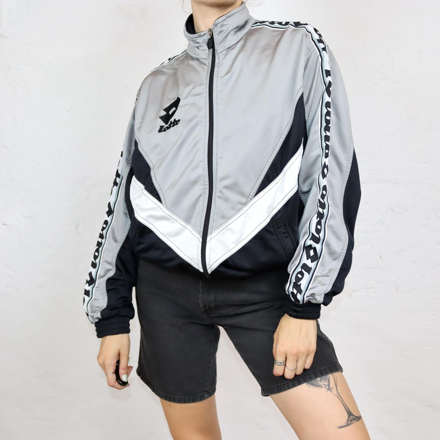 Vintage 80s 90s LOTTO tracksuit jacket stand-up collar black beige white M