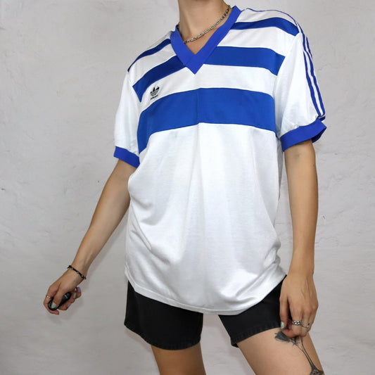 Vintage 80er 90er ADIDAS Trikot Shirt V-Ausschnitt kurzarm weiß blau XL