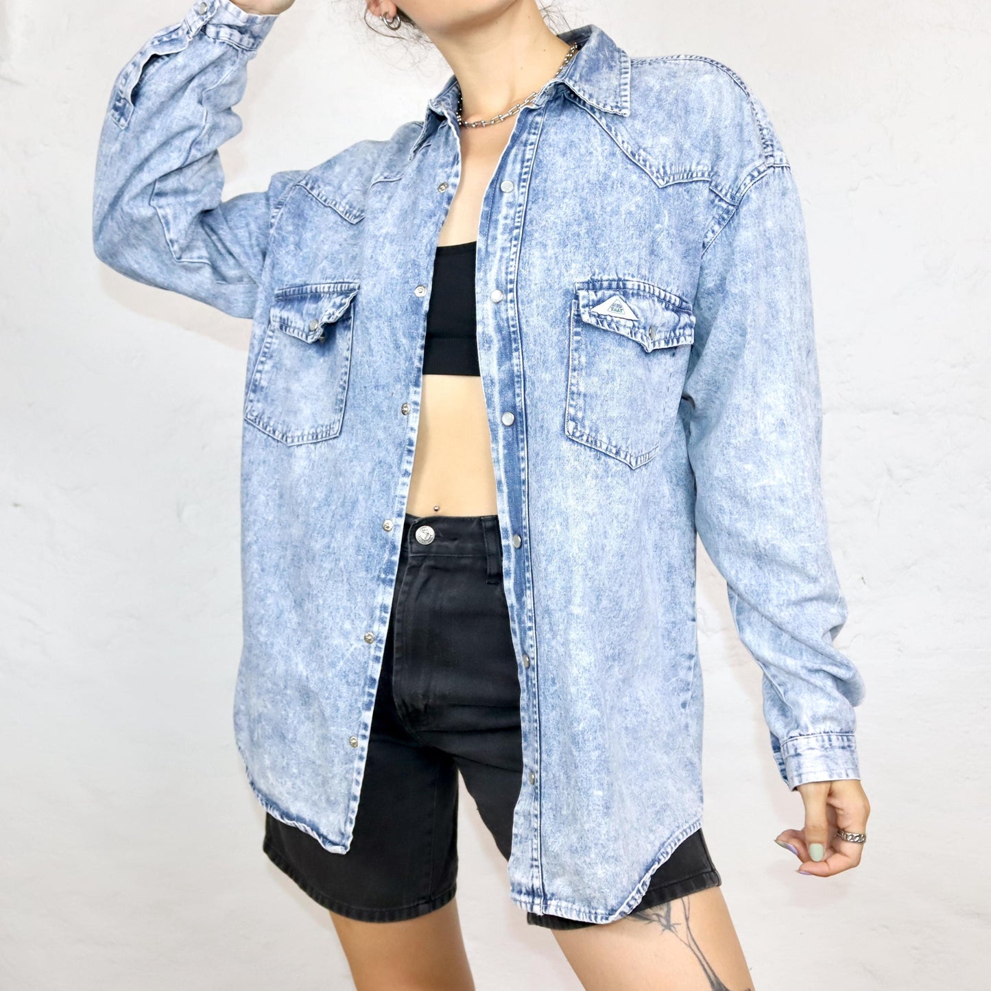 Vintage 80s 90s NEW FAST denim shirt stonewashed long sleeve S