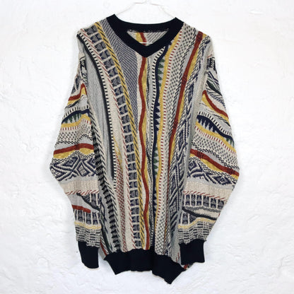 Vintage 80er 90er Coogi Style Pullover Strickpullover V-Ausschnitt bunt L