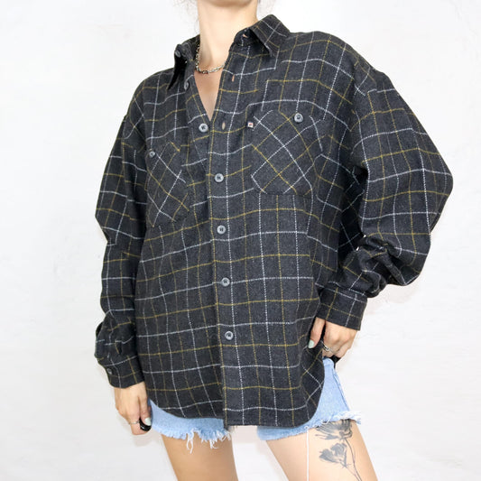 Vintage 80s 90s FILA flannel shirt long sleeve wool checked dark grey L