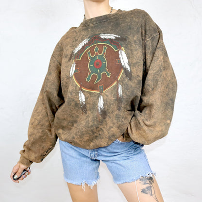 Vintage 80er 90er ONEITA Sweatshirt Pullover Batik Print braun M/L