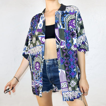 Vintage 80s 90s PIERRE MONET shirt short sleeve crazy pattern viscose colorful L