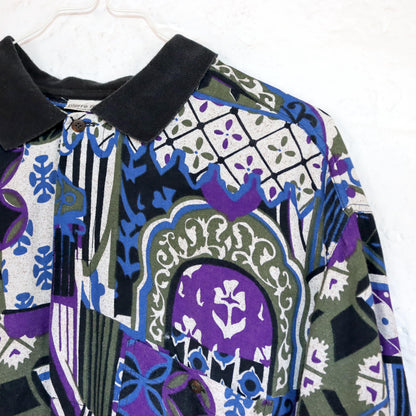 Vintage 80s 90s PIERRE MONET shirt short sleeve crazy pattern viscose colorful L