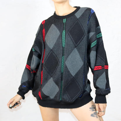 Vintage 80er 90er PELO Wollpullover Schurwolle Pullover Coogie style schwarz rot grün blau L/XL