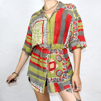 Vintage 80s 90s DONNA FLOR blouse slightly transparent crazy pattern L