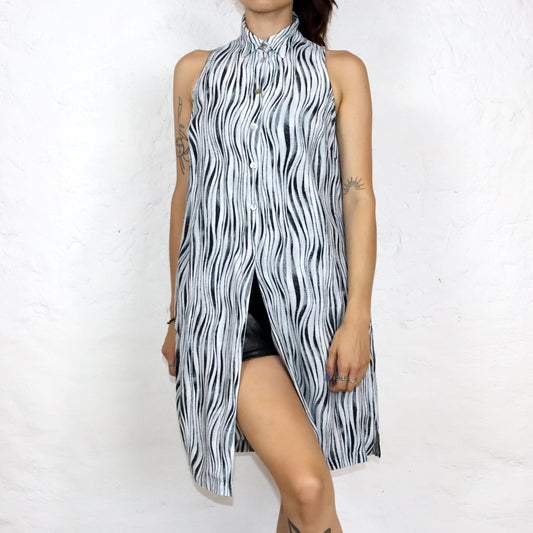 Vintage 80er 90er MISS H Longbluse Bluse Kleid  ärmellos Viskose crazy pattern grau weiß M