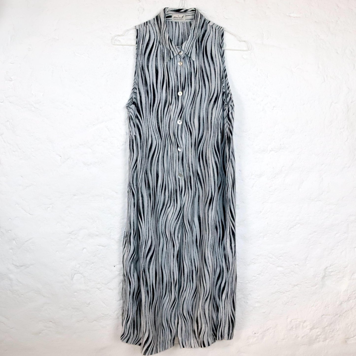 Vintage 80er 90er MISS H Longbluse Bluse Kleid  ärmellos Viskose crazy pattern grau weiß M
