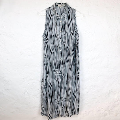 Vintage 80er 90er MISS H Longbluse Bluse Kleid  ärmellos Viskose crazy pattern grau weiß M