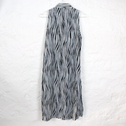 Vintage 80er 90er MISS H Longbluse Bluse Kleid  ärmellos Viskose crazy pattern grau weiß M