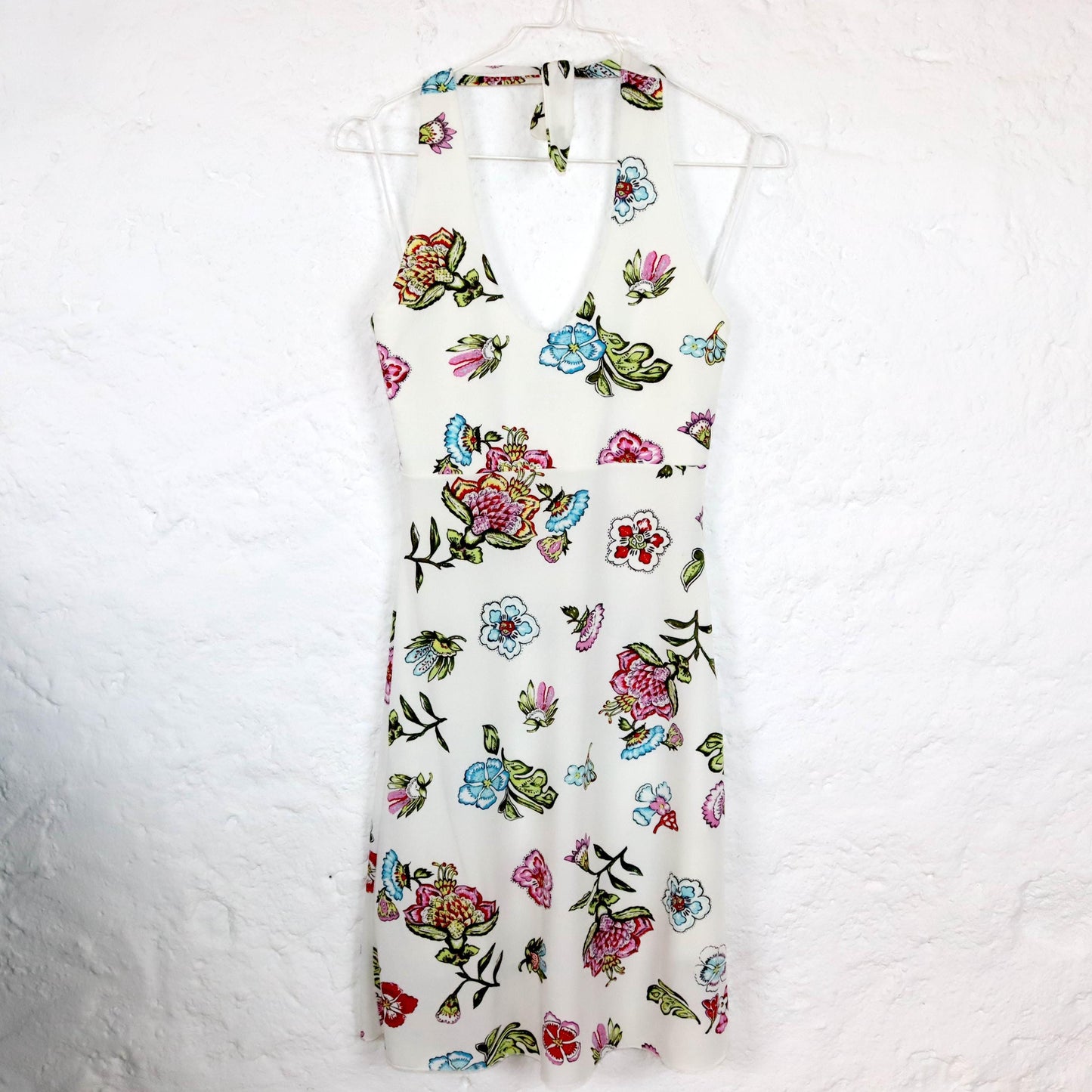 Vintage 80s 90s Y2k YOU halter neck dress floral pattern white colorful 36