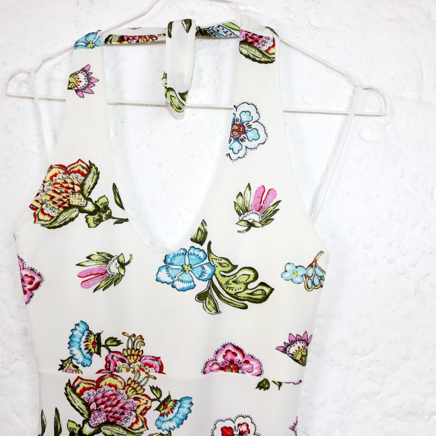 Vintage 80s 90s Y2k YOU halter neck dress floral pattern white colorful 36