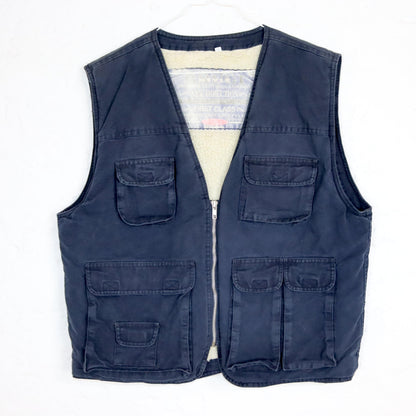 Vintage 80s 90s BRUGI cargo vest lined fake fur dark blue L