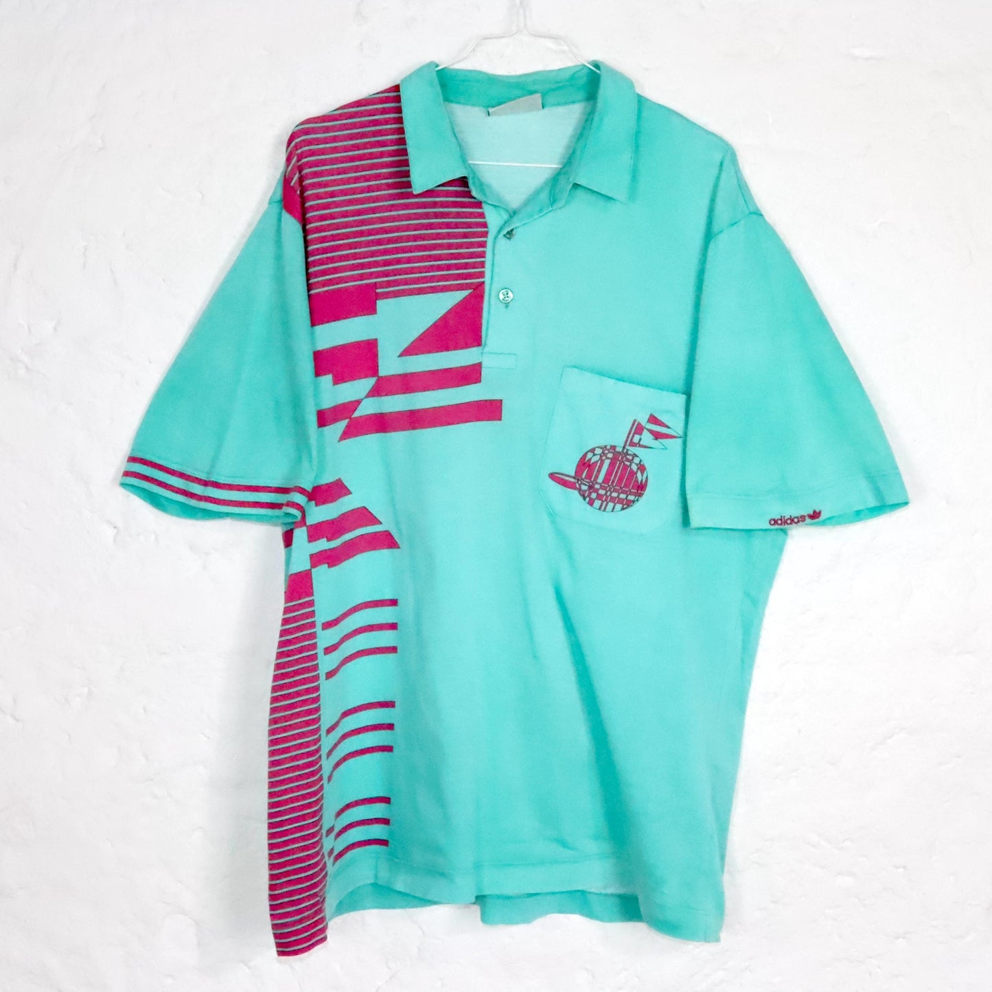 Vintage 80s 90s ADIDAS Polo Shirt t-shirt turquoise pink crazy pattern short sleeve 52 L
