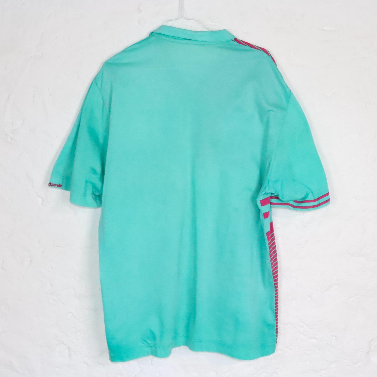 Vintage 80s 90s ADIDAS Polo Shirt t-shirt turquoise pink crazy pattern short sleeve 52 L