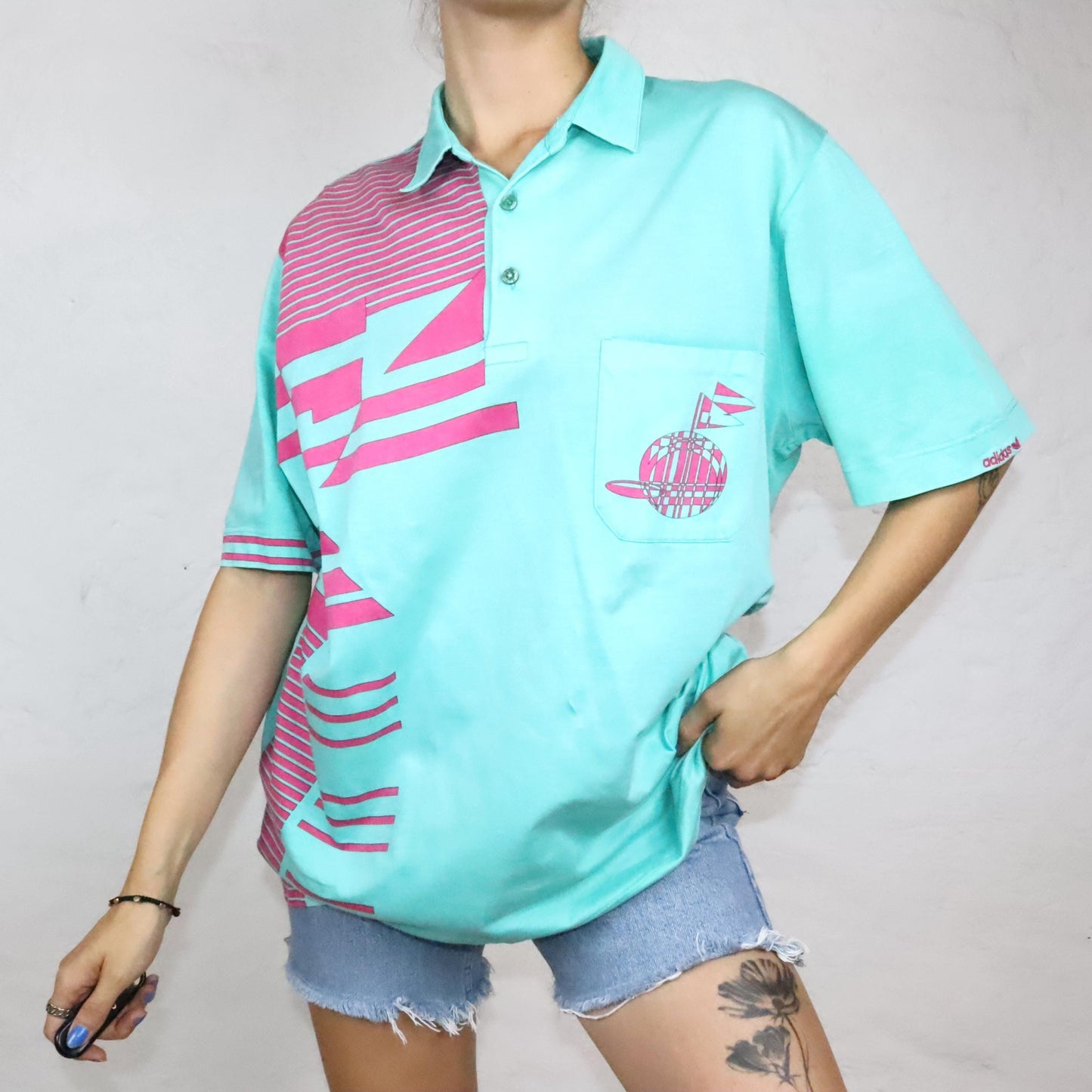 Vintage 80s 90s ADIDAS Polo Shirt t-shirt turquoise pink crazy pattern short sleeve 52 L