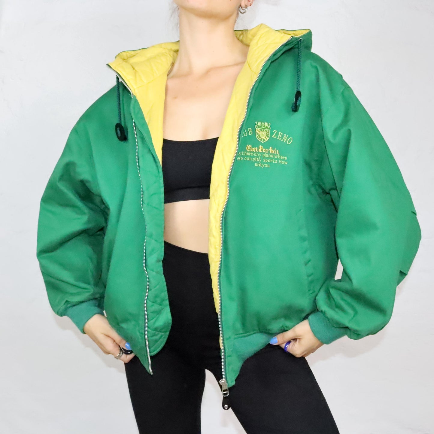 Vintage 80s 90s FULL BRIGHT bomber jacket lightly lined with hood embroidered green yellow M