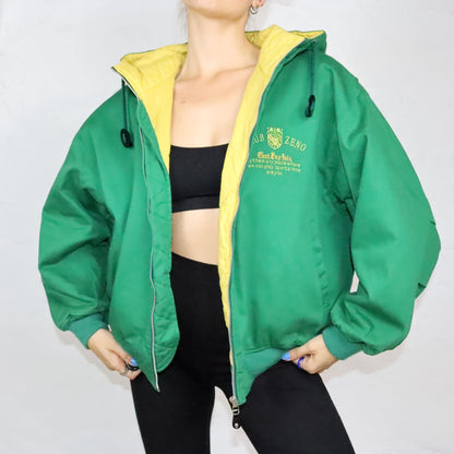 Vintage 80s 90s FULL BRIGHT bomber jacket lightly lined with hood embroidered green yellow M