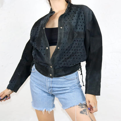 Vintage 80s 90s SAMA leather jacket suede hole pattern tailored bomber cut M