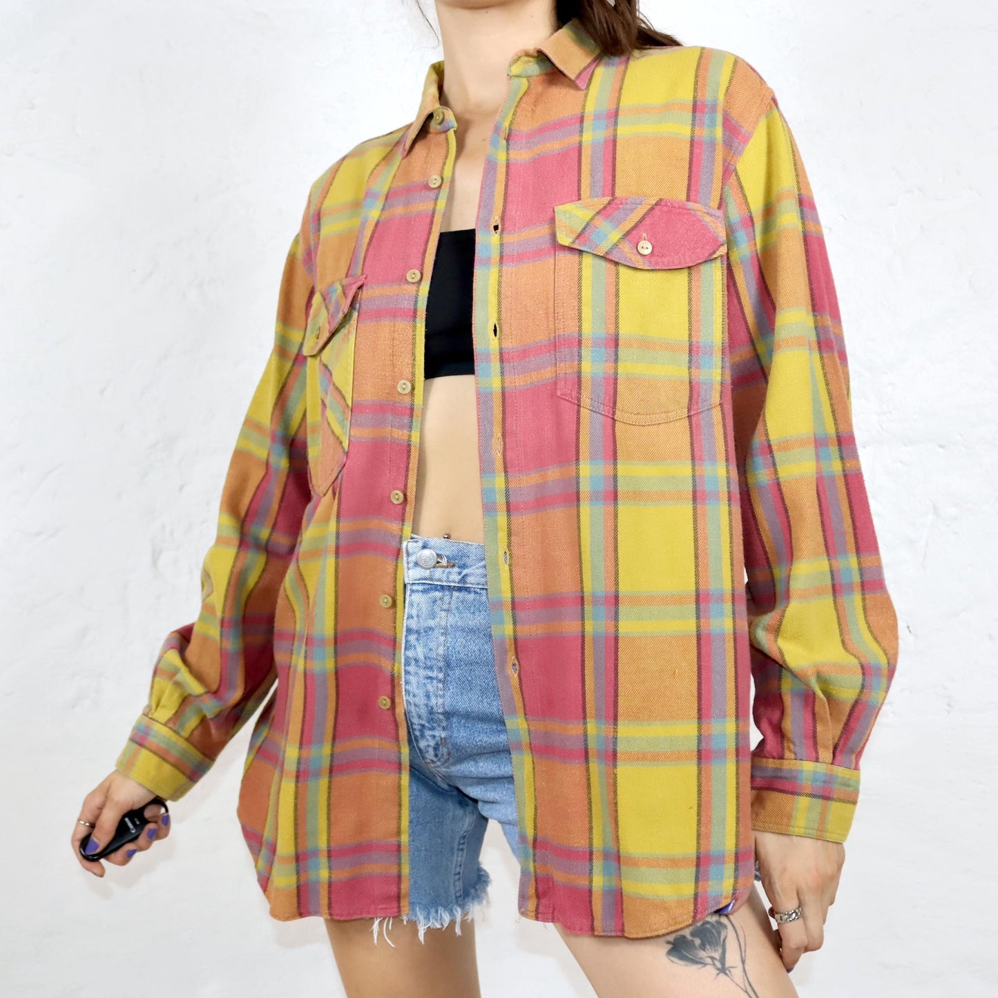 Vintage 80s 90s ROTEX flannel shirt long sleeve yellow pink blue L