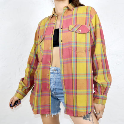 Vintage 80s 90s ROTEX flannel shirt long sleeve yellow pink blue L