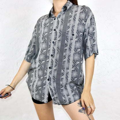 Vintage 80s 90s WOODPECKER shirt short sleeve crazy pattern black white viscose 39/40 S