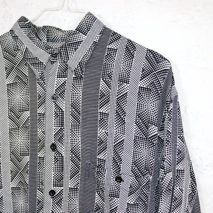 Vintage 80s 90s WOODPECKER shirt short sleeve crazy pattern black white viscose 39/40 S
