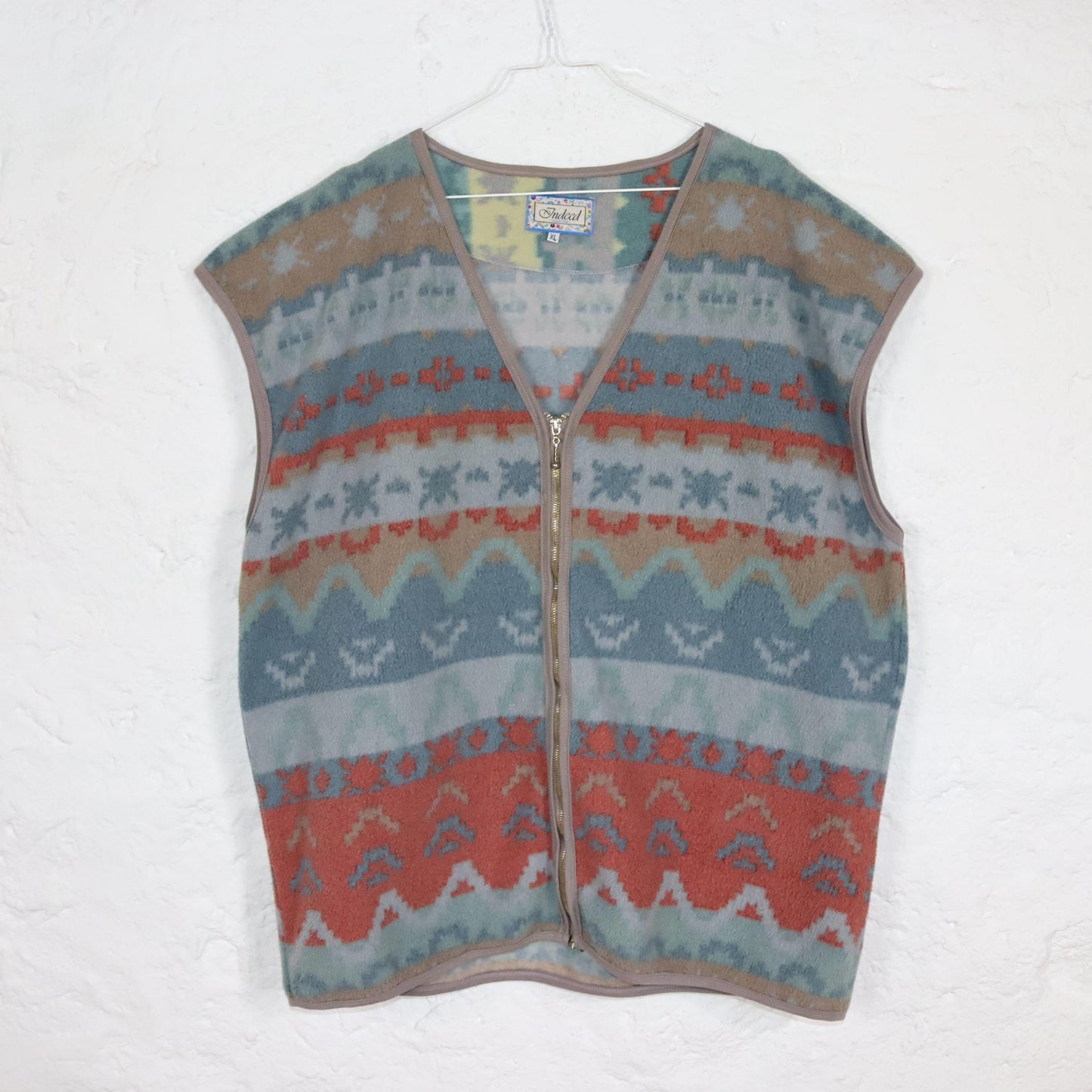 Vintage 80s 90s INDEED fleece vest zipper pastel crazy pattern XL