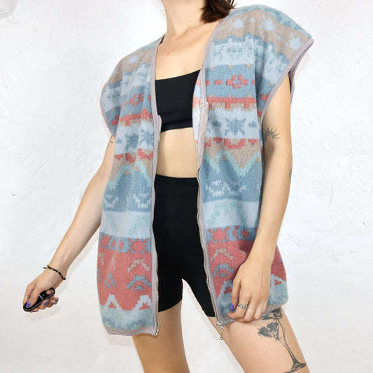 Vintage 80s 90s INDEED fleece vest zipper pastel crazy pattern XL