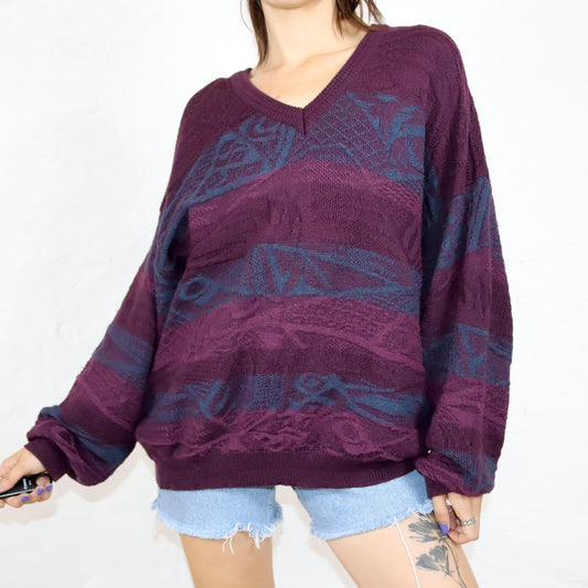 Vintage 80er 90er GIRAMONDO Strickpullover Wollpullover V-Ausschnitt lila gemustert Wolle 54 XL