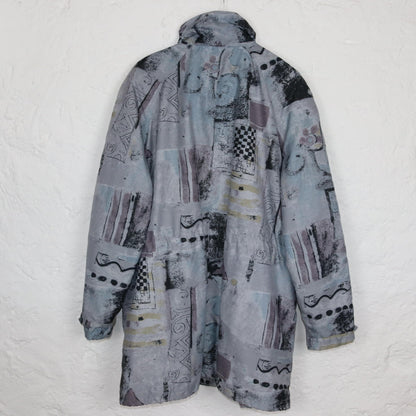 Vintage 80s 90s parka coat lightly lined crazy pattern shoulder pads stand-up collar fitted L