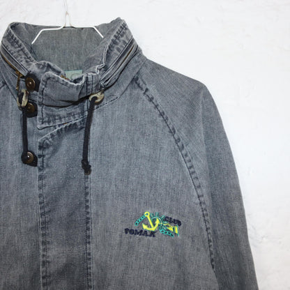Vintage 80s 90s TOMAX denim jacket thin overcoat with hood grey denim M/L