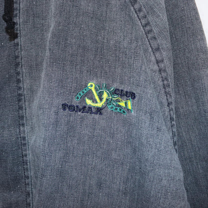 Vintage 80s 90s TOMAX denim jacket thin overcoat with hood grey denim M/L