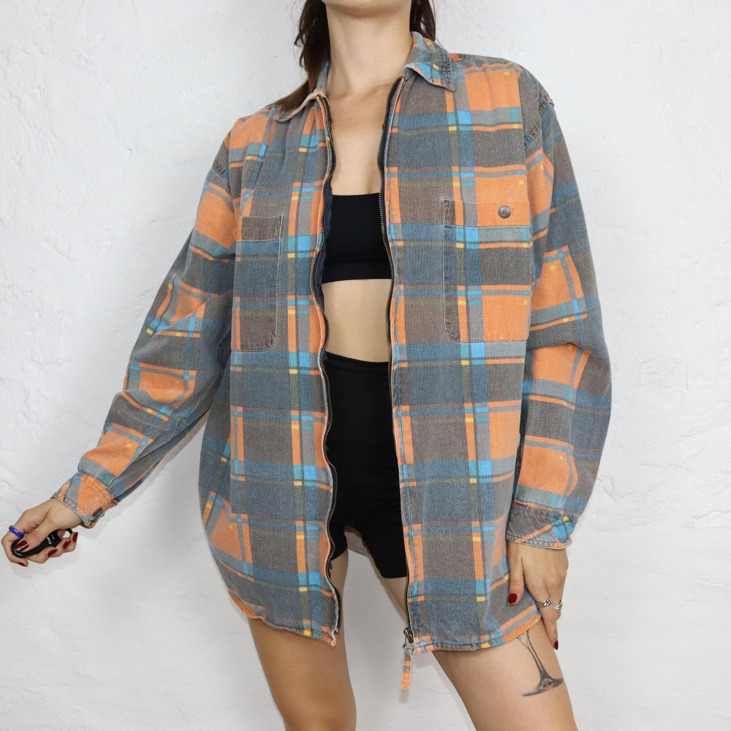Vintage 80er 90er C&A Hemd langarm kariert Flanellhemd orange grau blau M