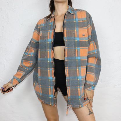 Vintage 80er 90er C&A Hemd langarm kariert Flanellhemd orange grau blau M