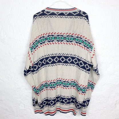 Vintage 80s 90s SEVERS knitted sweater V-neck patterned white colorful 52 L