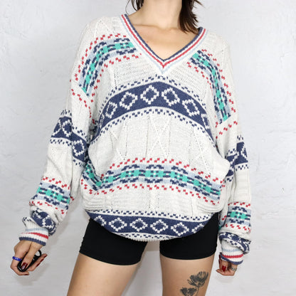 Vintage 80s 90s SEVERS knitted sweater V-neck patterned white colorful 52 L