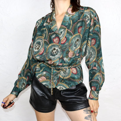 Vintage 80s 90s LADY LUISA blouse long sleeve crazy pattern dark green L