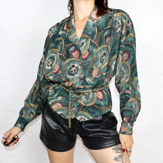 Vintage 80er 90er LADY LUISA Bluse langarm crazy pattern dunkelgrün L