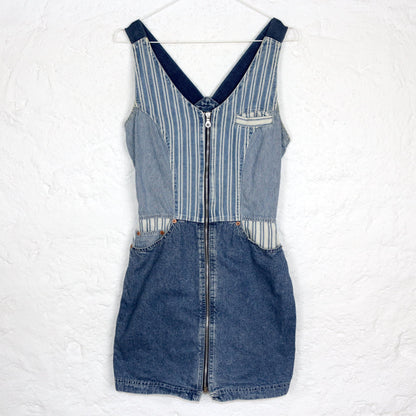 Vintage 80s 90s SQUAQ mini dress denim dress straps striped zipper fitted S