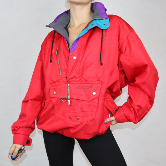 Vintage 80s 90s NEVICA windbreaker rain jacket stand-up collar overcoat ski red M